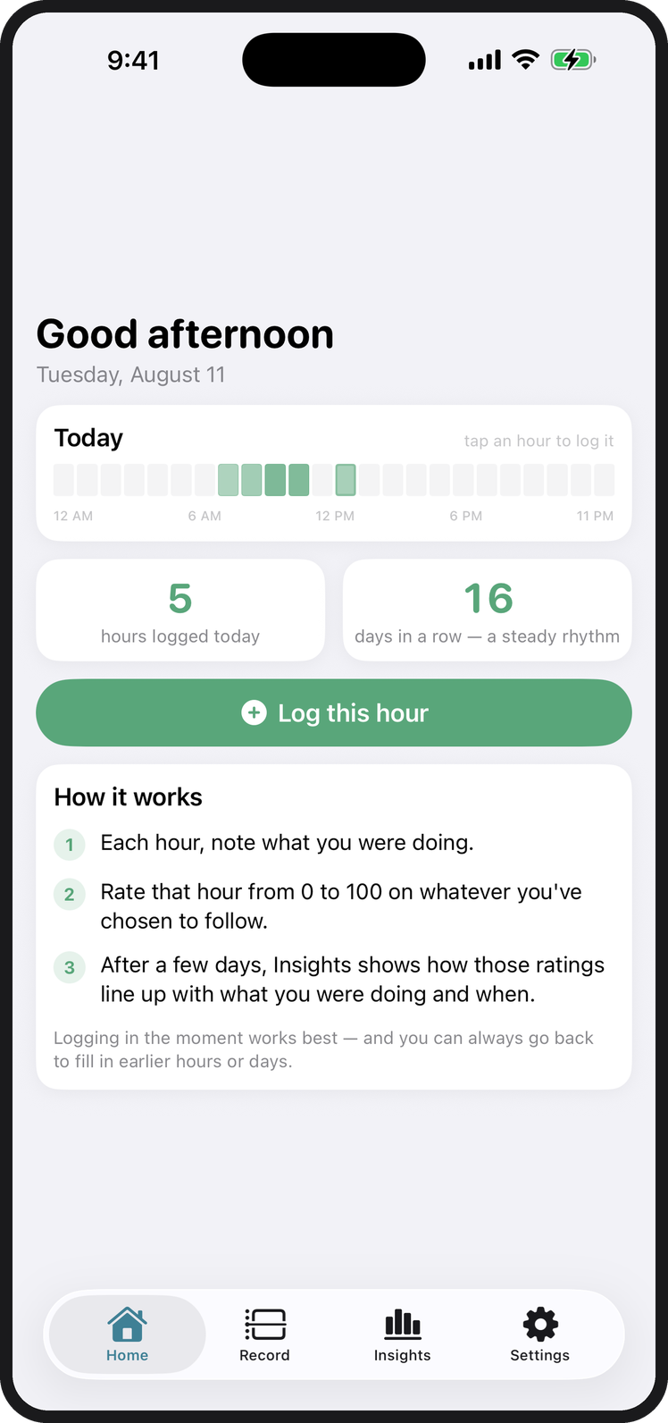 The app home screen showing today's logged hours and a mini timeline